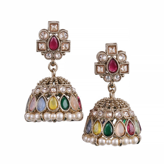 Saloni Fashion Jewellery Oval Shape Multi Uncut Kundan Stone Antique Gold Plated Jhumki Earring For Women and Girls