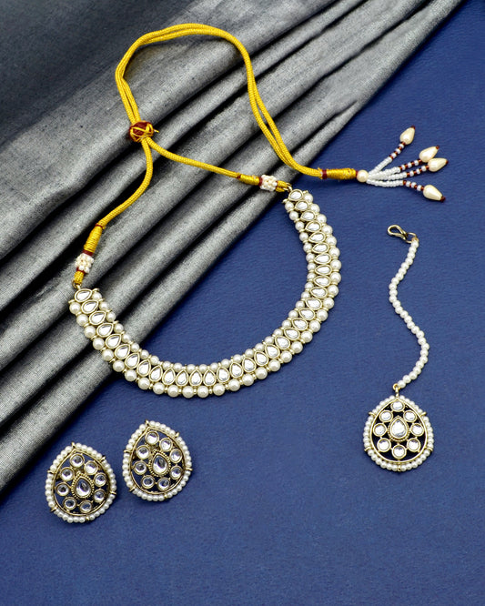 Oval Shape Pearls Antique Gold Plated Choker Necklace Set With Maangtikka | Saloni Jewellery
