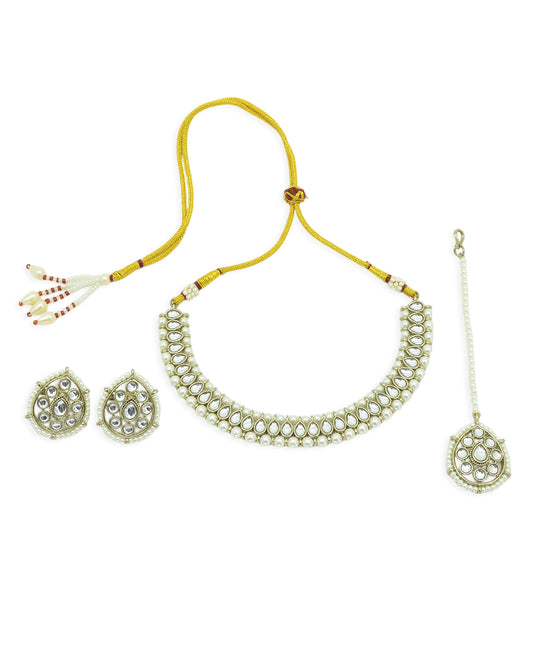 Oval Shape Pearls Antique Gold Plated Choker Necklace Set - close-up detail | Saloni Jewellery