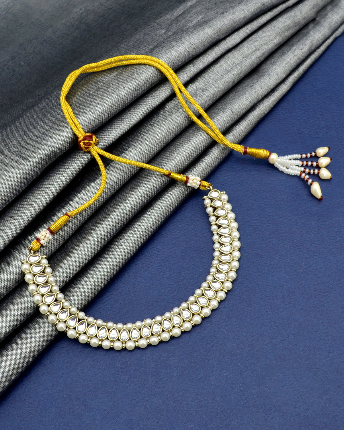 Oval Shape Pearls Antique Gold Plated Choker Necklace Set - side view | Saloni Jewellery