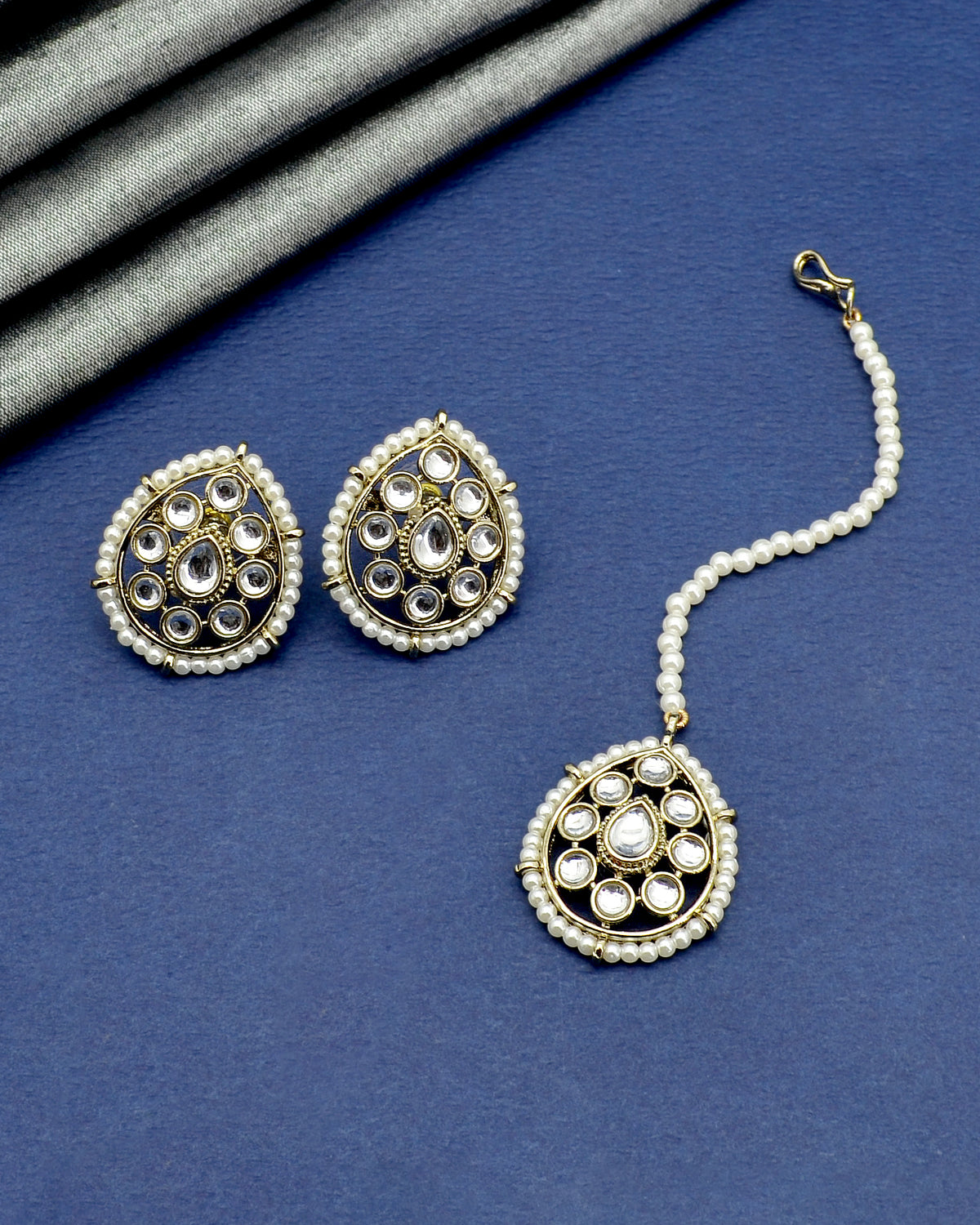 Oval Shape Pearls Antique Gold Plated Choker Necklace Set - back view | Saloni Jewellery