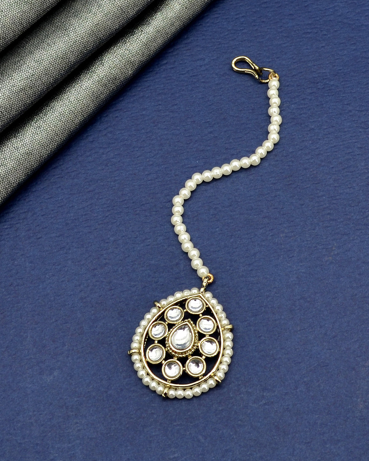 Oval Shape Pearls Antique Gold Plated Choker Necklace Set - alternate view | Saloni Jewellery