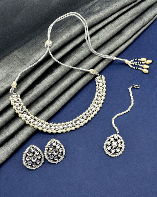 Oval Shape Pearls Silver Plated Choker Necklace Set With Maangtikka | Saloni Jewellery