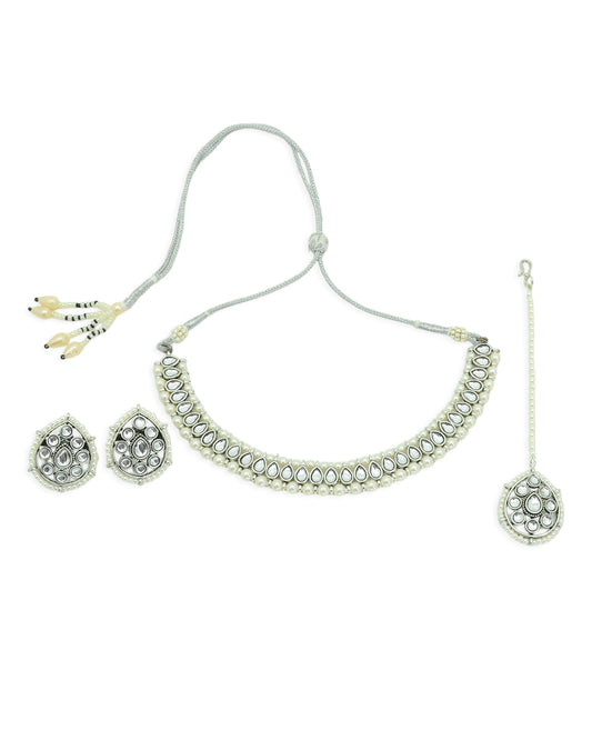 Oval Shape Pearls Silver Plated Choker Necklace Set - close-up detail | Saloni Jewellery