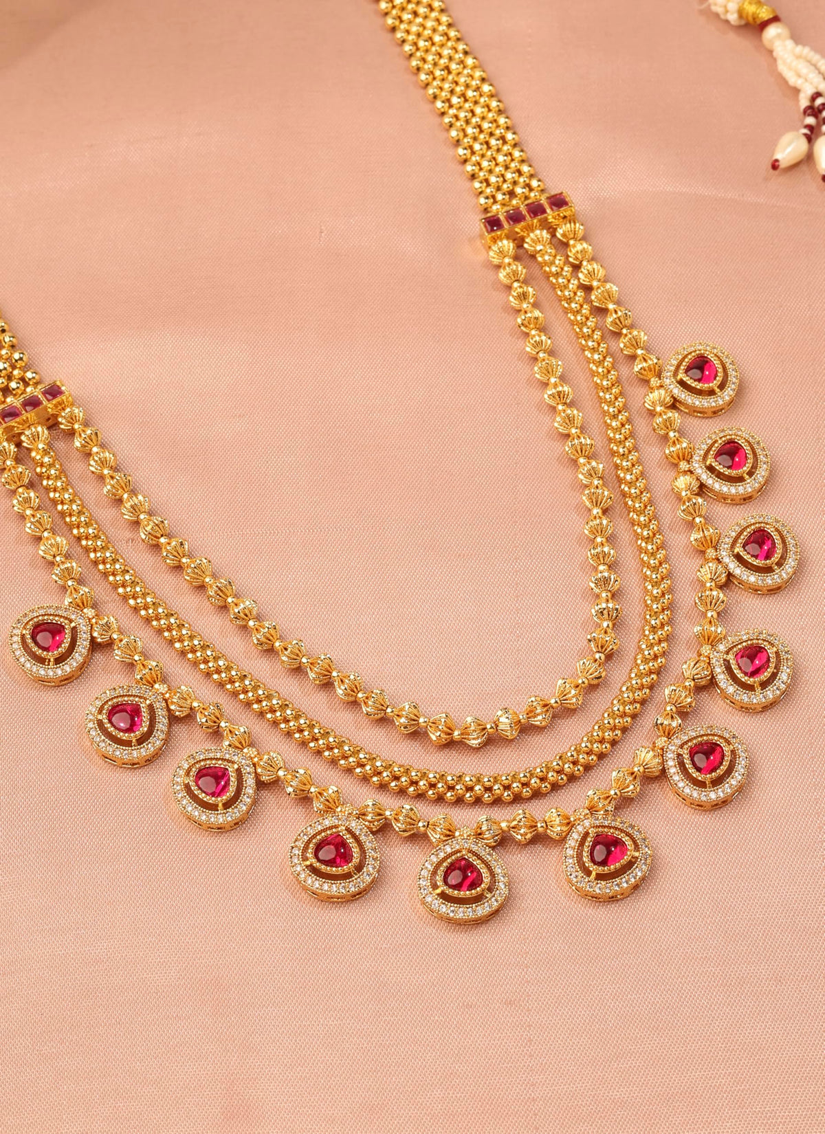 Saloni Fashion Jewellery Oval Shape Pink Kundan Stone 3 String Small Golden Balls Gold Plated Long Haram Brass Necklace For Women and Girls