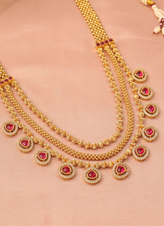 Saloni Fashion Jewellery Oval Shape Pink Kundan Stone 3 String Small Golden Balls Gold Plated Long Haram Brass Necklace For Women and Girls