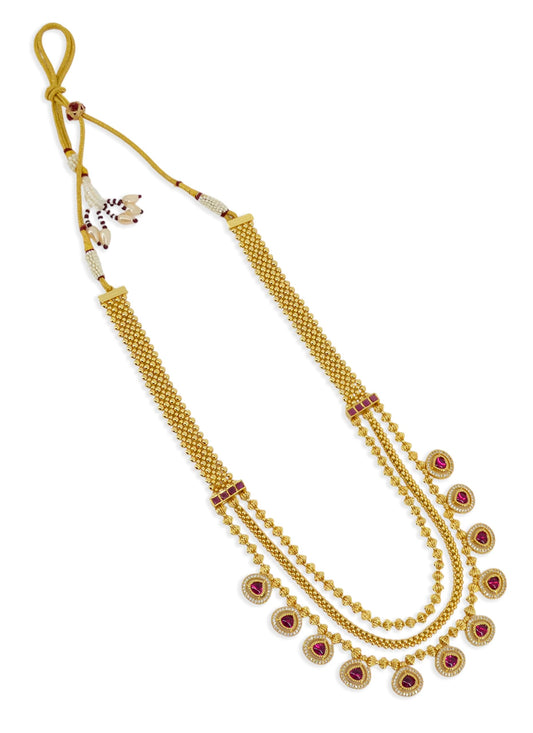 Saloni Fashion Jewellery Oval Shape Pink Kundan Stone 3 String Small Golden Balls Gold Plated Long Haram Brass Necklace For Women and Girls