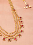 Saloni Fashion Jewellery Oval Shape Pink Kundan Stone 3 String Small Golden Balls Gold Plated Long Haram Brass Necklace For Women and Girls - view 4