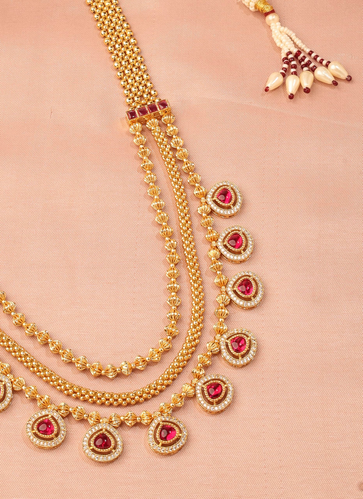 Saloni Fashion Jewellery Oval Shape Pink Kundan Stone 3 String Small Golden Balls Gold Plated Long Haram Brass Necklace For Women and Girls - view 4