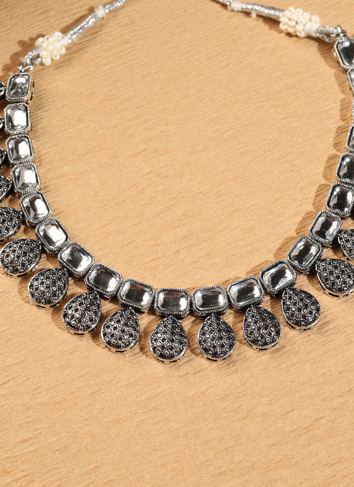 Saloni Fashion Jewellery Oval Shape Silver Kundan Stone Antique Gold Plated Brass Choker Necklace Set with Maang Tikka For Women and Girls