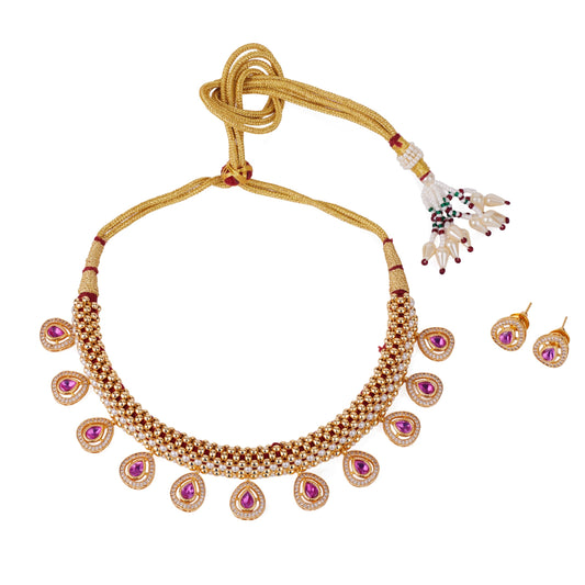 Saloni Fashion Jewellery Oval Shape Small Golden Ball 22 KT Gold Plated Brass Choker Necklace Set For Women and Girls
