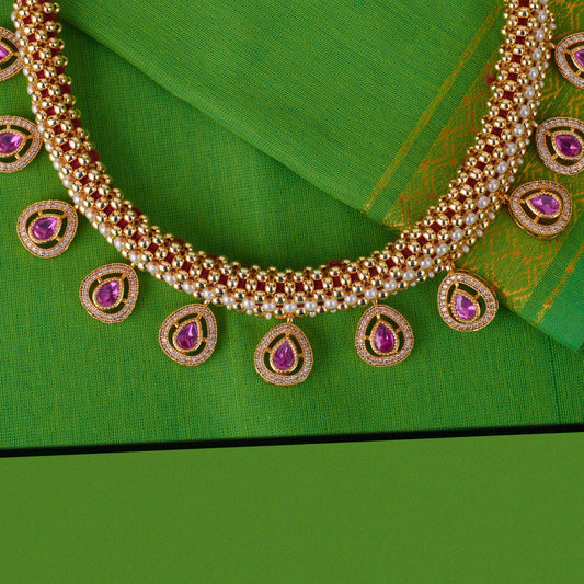 Saloni Fashion Jewellery Oval Shape Small Golden Ball 22 KT Gold Plated Brass Choker Necklace Set For Women and Girls