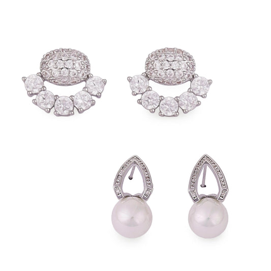Saloni Fashion Jewellery Oval Shape Studded CZ Silver Plated Combo Set of 2 Stud Earring For Women