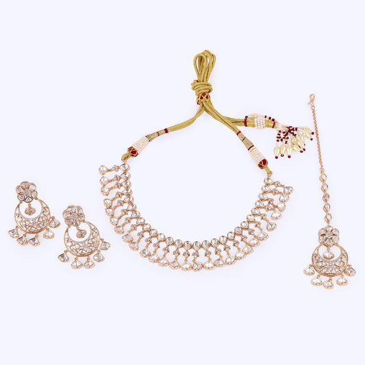 Saloni Fashion Jewellery Oval Shape Uncut Kundan Stone 18 KT Gold Plated Brass Choker Necklace Set with Maang Tikka For Women and Girls