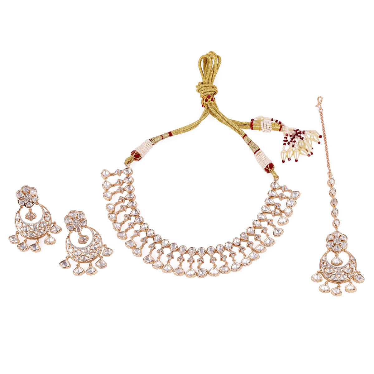 Saloni Fashion Jewellery Oval Shape Uncut Kundan Stone 18 KT Gold Plated Brass Choker Necklace Set with Maang Tikka For Women and Girls - view 2
