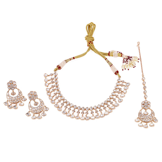 Saloni Fashion Jewellery Oval Shape Uncut Kundan Stone 18 KT Gold Plated Brass Choker Necklace Set with Maang Tikka For Women and Girls