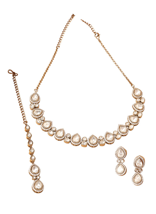 Saloni Fashion Jewellery Oval Shape White Kundan Stone Antique Gold Plated Choker Brass Necklace With Maang Tikka For Women and Girls