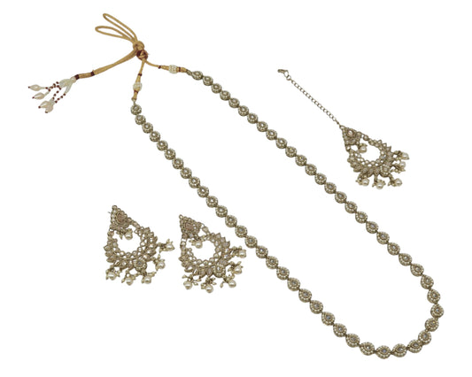 Saloni Fashion Jewellery Paisley and Oval Shape Gold Plated Brown Kundan Stone Long Haram Necklace Set With Maang Tikka For Women and Girls