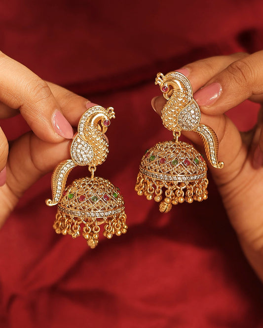 Saloni Fashion Jewellery Peacock Design Gold Plated CZ Studded Brass Jhumki Earring For Women and Girls