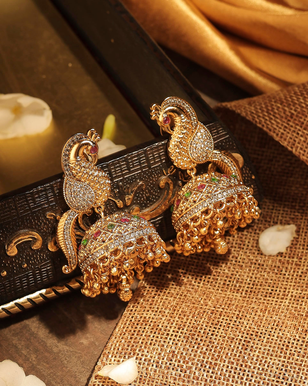 Saloni Fashion Jewellery Peacock Design Gold Plated CZ Studded Brass Jhumki Earring For Women and Girls - view 3