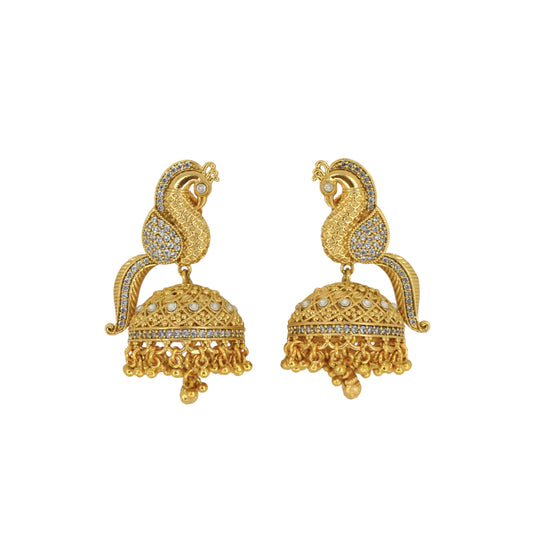 Saloni Fashion Jewellery Peacock Design Gold Plated CZ Studded Small Golden Balls Brass Jhumki Earring For Women and Girls