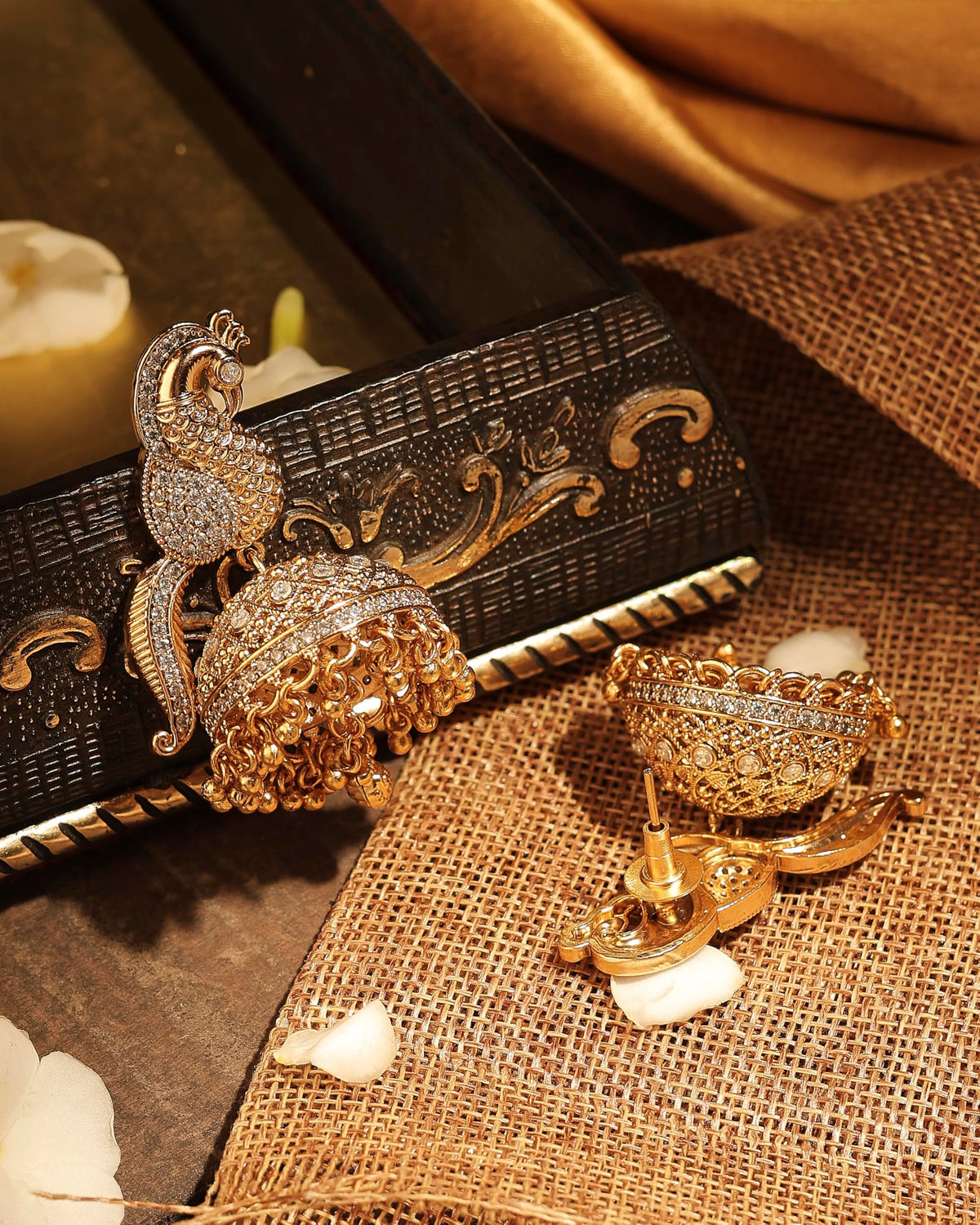 Saloni Fashion Jewellery Peacock Design Gold Plated CZ Studded Small Golden Balls Brass Jhumki Earring For Women and Girls