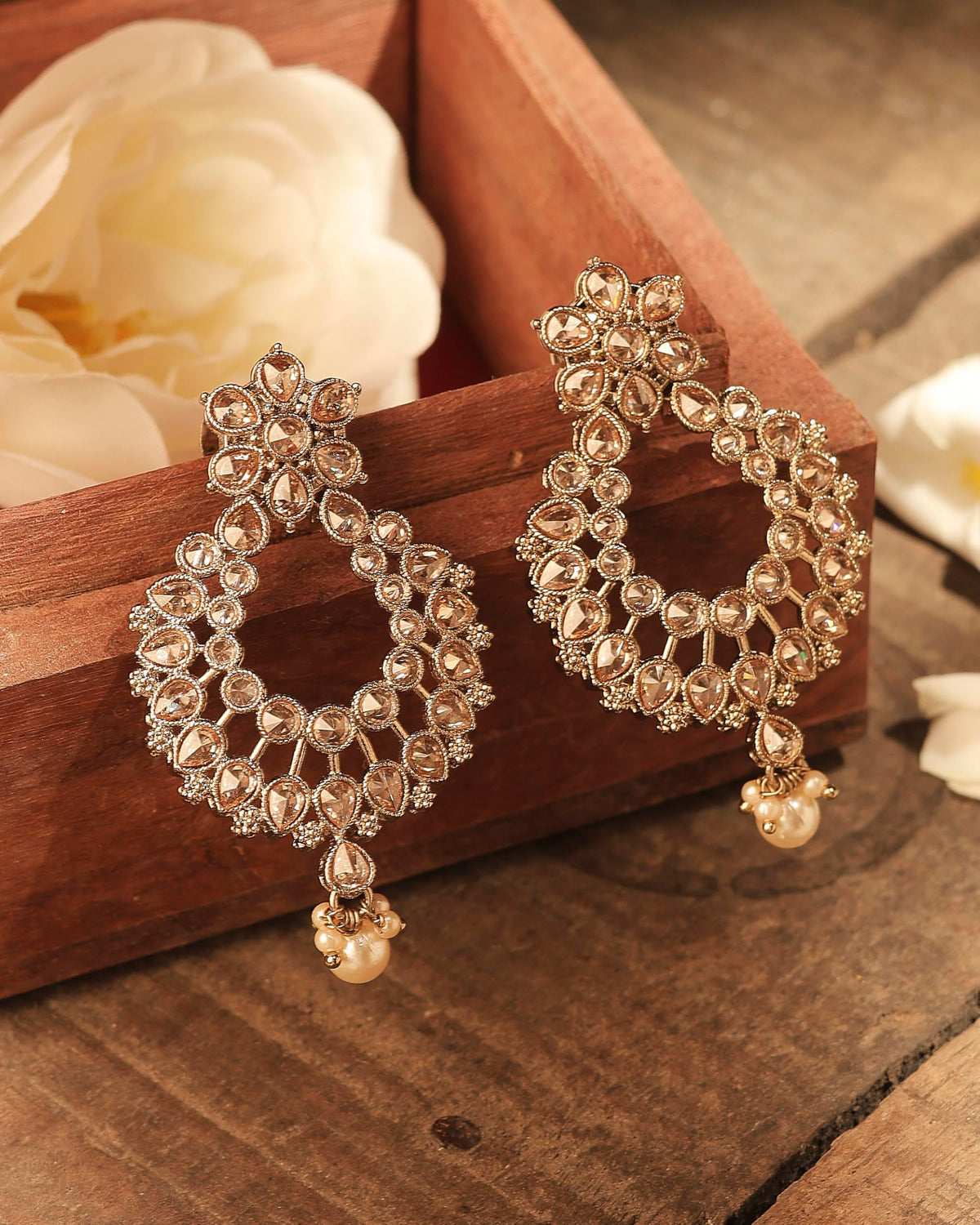 Saloni Fashion Jewellery Pear and Flower Design Gold Plated Brown Kundan Stone Chandelier Earring For Women and Girls - view 3