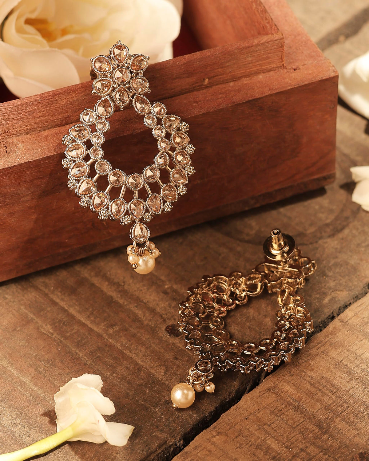Saloni Fashion Jewellery Pear and Flower Design Gold Plated Brown Kundan Stone Chandelier Earring For Women and Girls - view 4