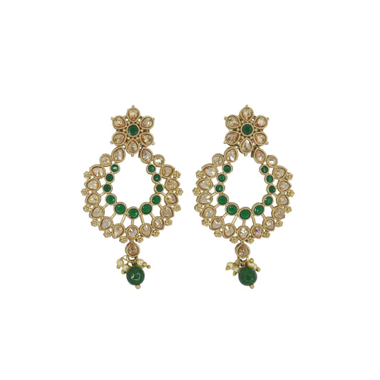Saloni Fashion Jewellery Pear and Flower Design Gold Plated Green Kundan Stone Chandelier Earring For Women and Girls