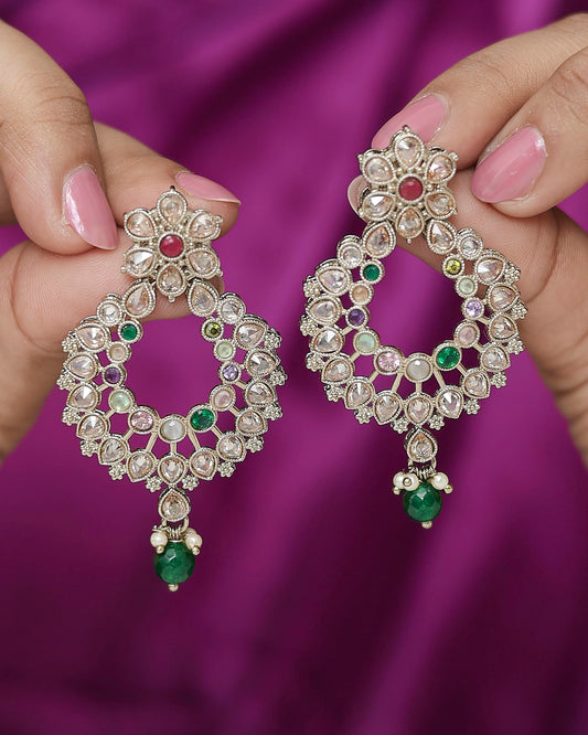 Saloni Fashion Jewellery Pear and Flower Design Gold Plated Multi Kundan Stone Chandelier Earring For Women and Girls