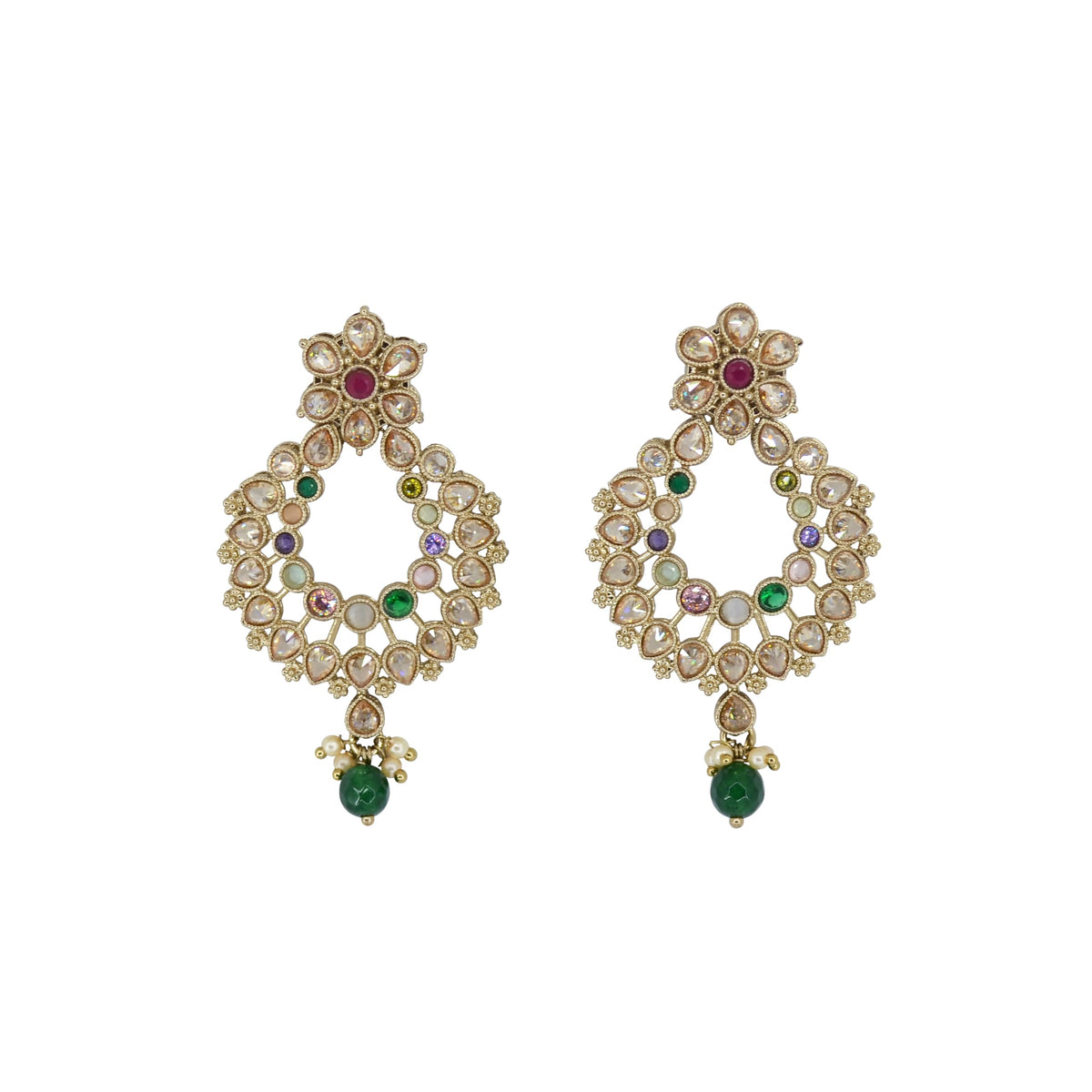 Saloni Fashion Jewellery Pear and Flower Design Gold Plated Multi Kundan Stone Chandelier Earring For Women and Girls - view 2