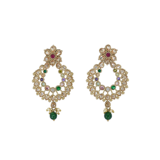 Saloni Fashion Jewellery Pear and Flower Design Gold Plated Multi Kundan Stone Chandelier Earring For Women and Girls