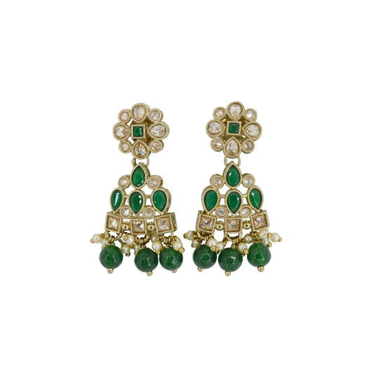 Saloni Fashion Jewellery Pear and Round Shape Gold Plated Green Kundan Stone Dangle Earring For Women and Girls