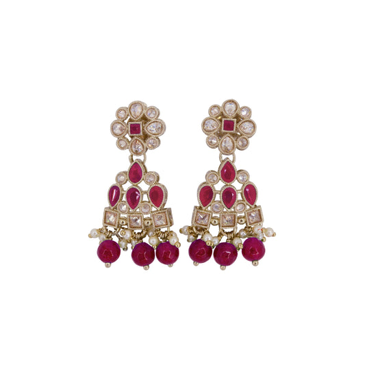 Saloni Fashion Jewellery Pear and Round Shape Gold Plated Ruby Kundan Stone Dangle Earring For Women and Girls