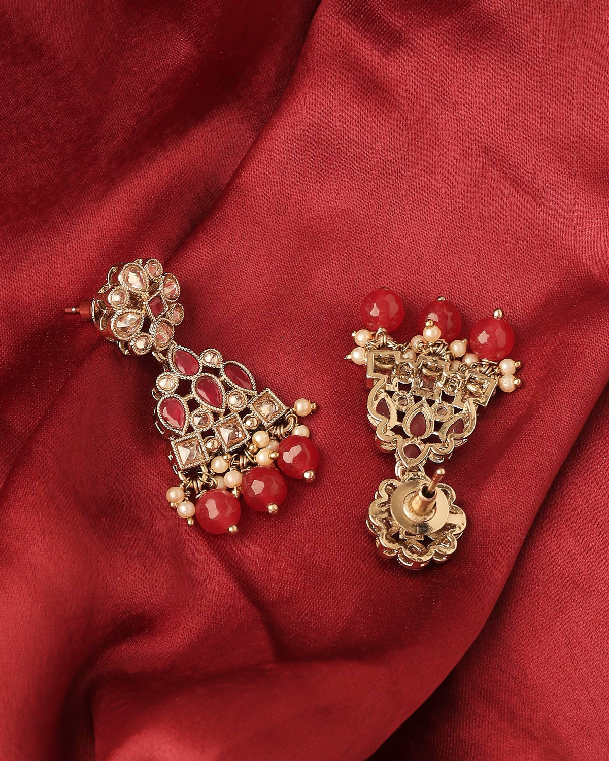 Saloni Fashion Jewellery Pear and Round Shape Gold Plated Ruby Kundan Stone Dangle Earring For Women and Girls - view 4