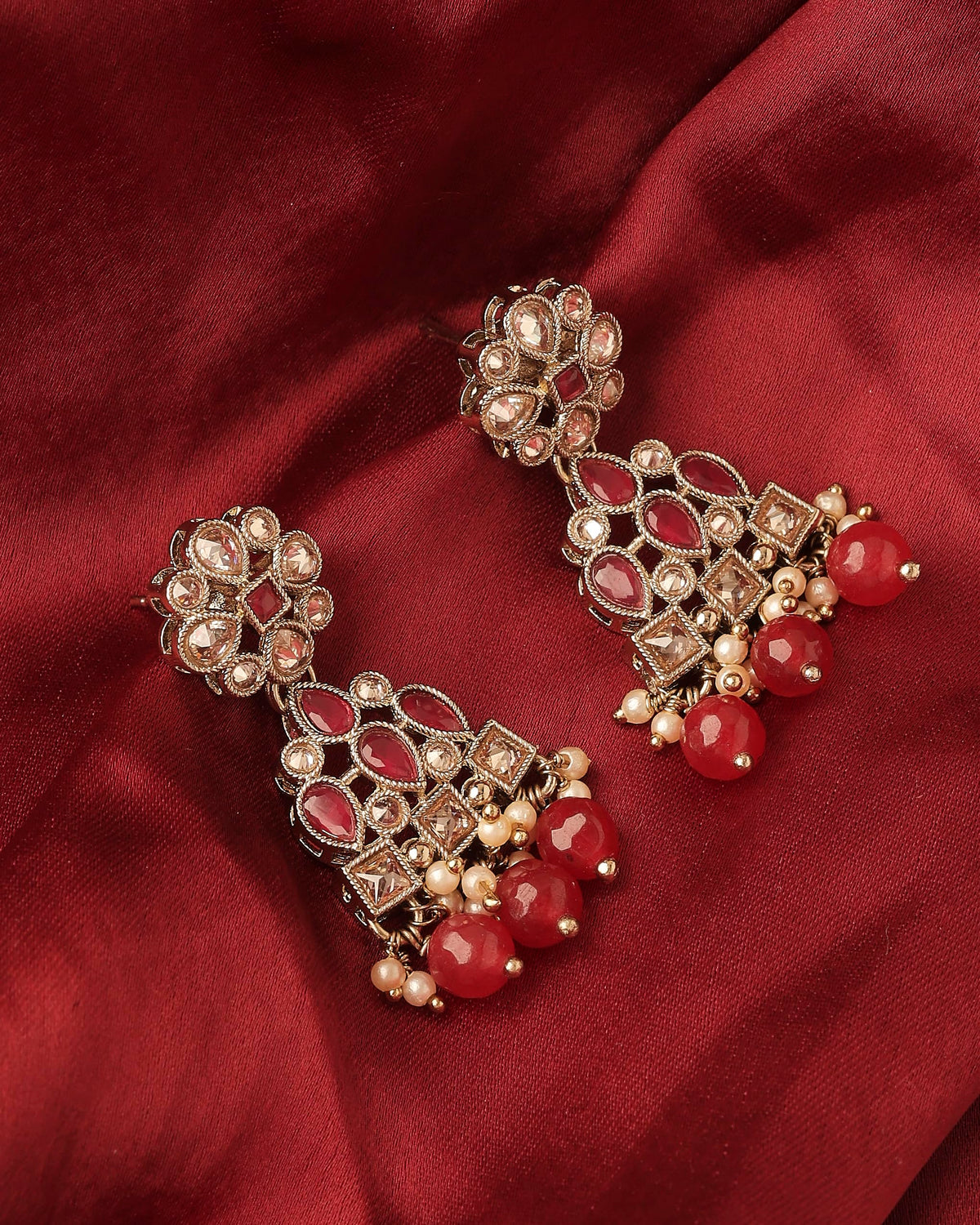 Saloni Fashion Jewellery Pear and Round Shape Gold Plated Ruby Kundan Stone Dangle Earring For Women and Girls - view 5