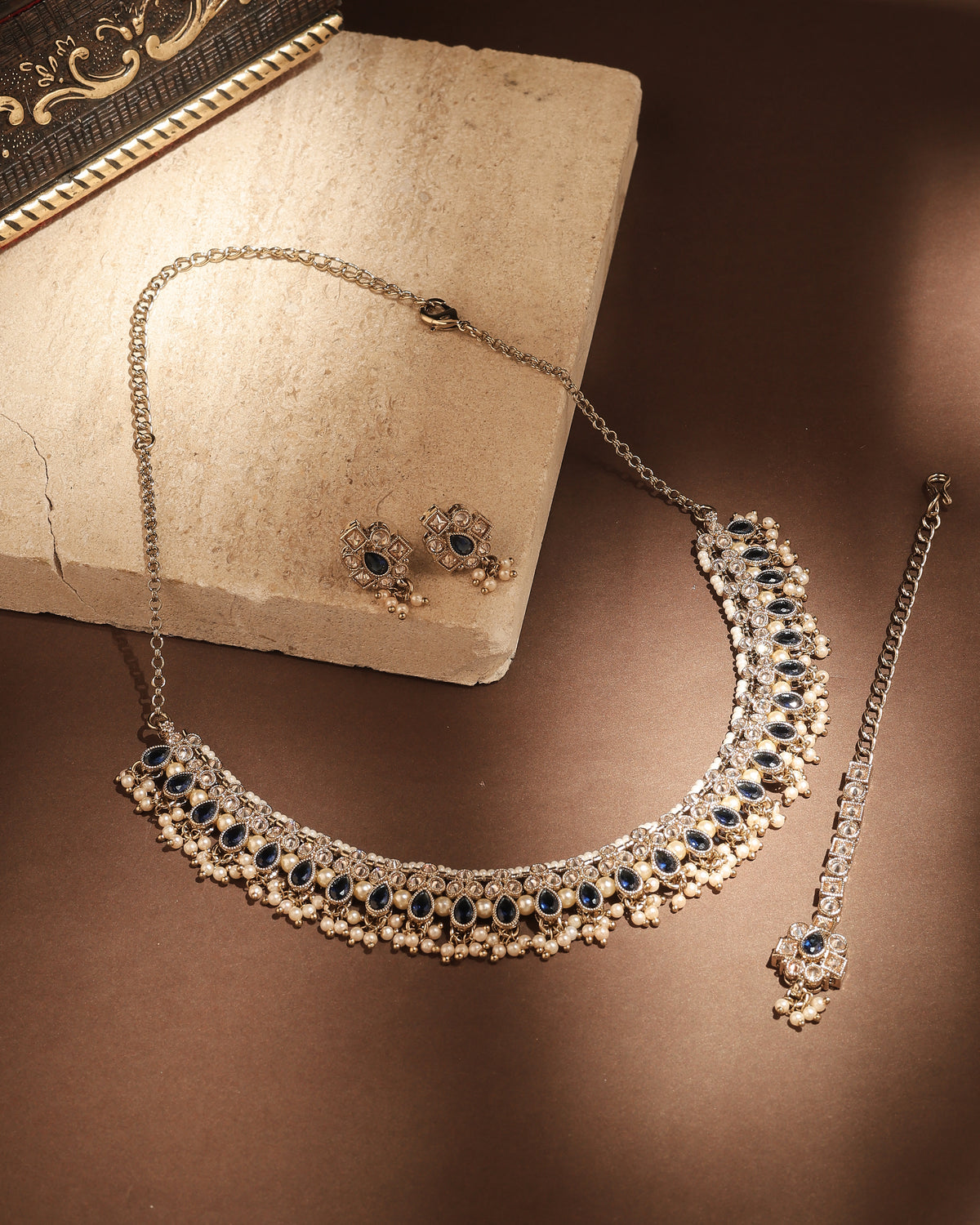 Pear Shape Pearl Guchha Antique Gold Plated Blue Uncut Kundan - close-up detail | Saloni Fashion Jewellery, Mumbai