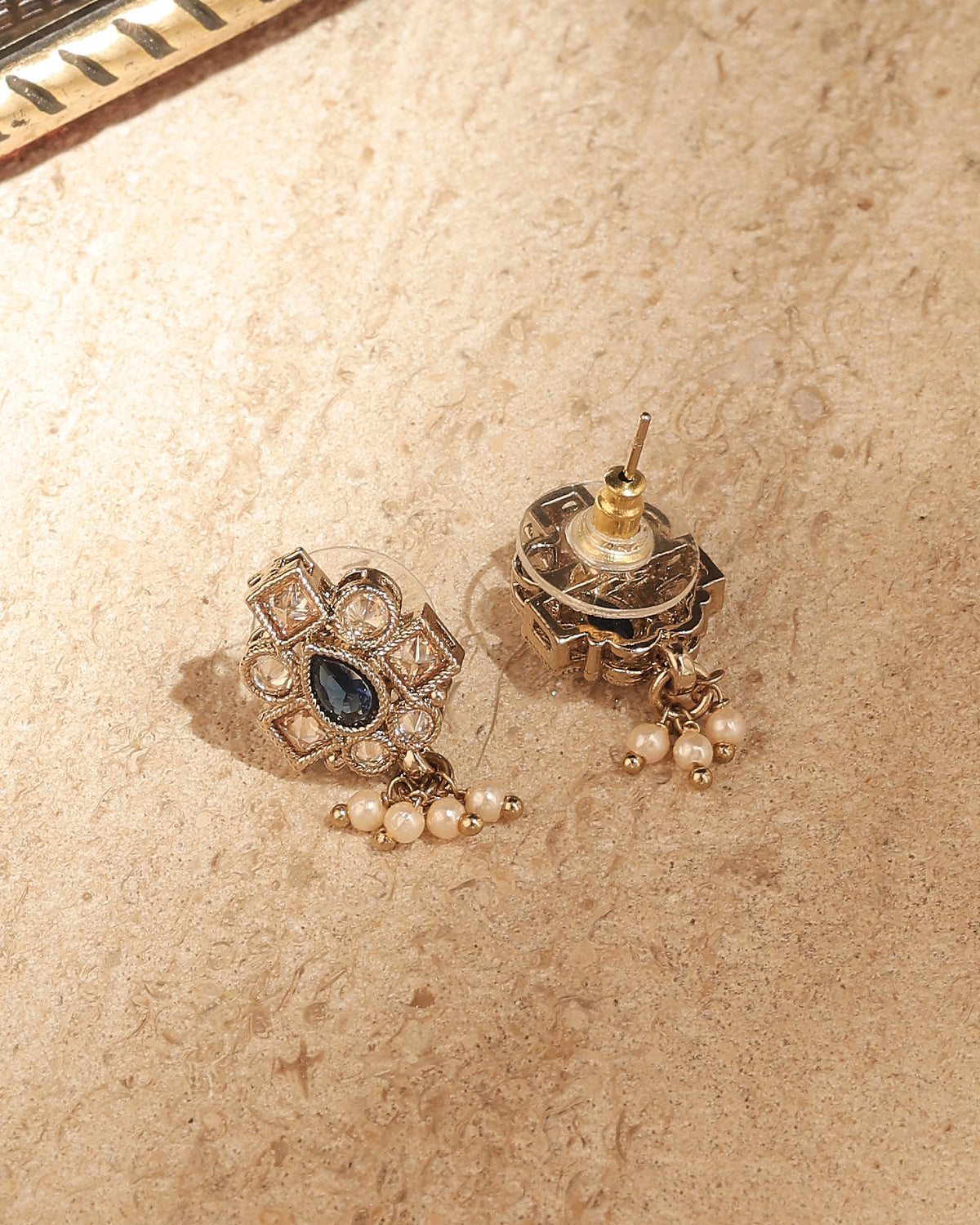 Pear Shape Pearl Guchha Antique Gold Plated Blue Uncut Kundan Stone - back view | Saloni Fashion Jewellery, Mumbai