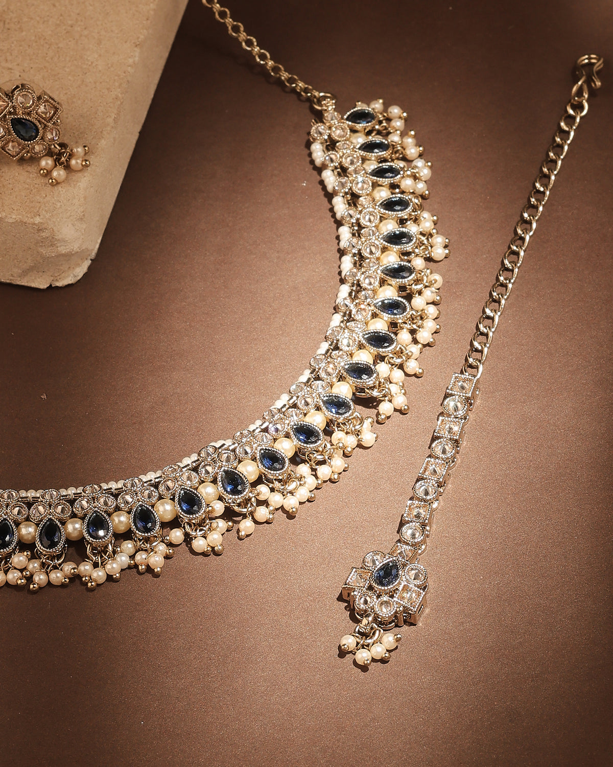 Pear Shape Pearl Guchha Antique Gold Plated Blue Uncut Kundan Stone - styled view | Saloni Fashion Jewellery, Mumbai