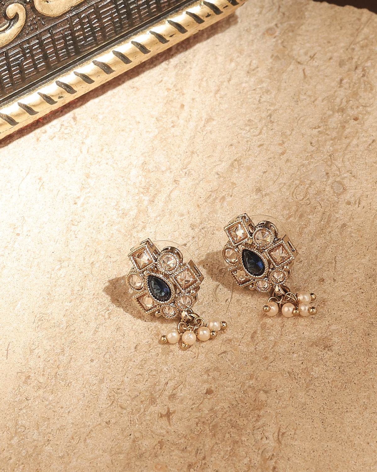 Pear Shape Pearl Guchha Antique Gold Plated Blue Uncut Kundan - alternate view | Saloni Fashion Jewellery, Mumbai