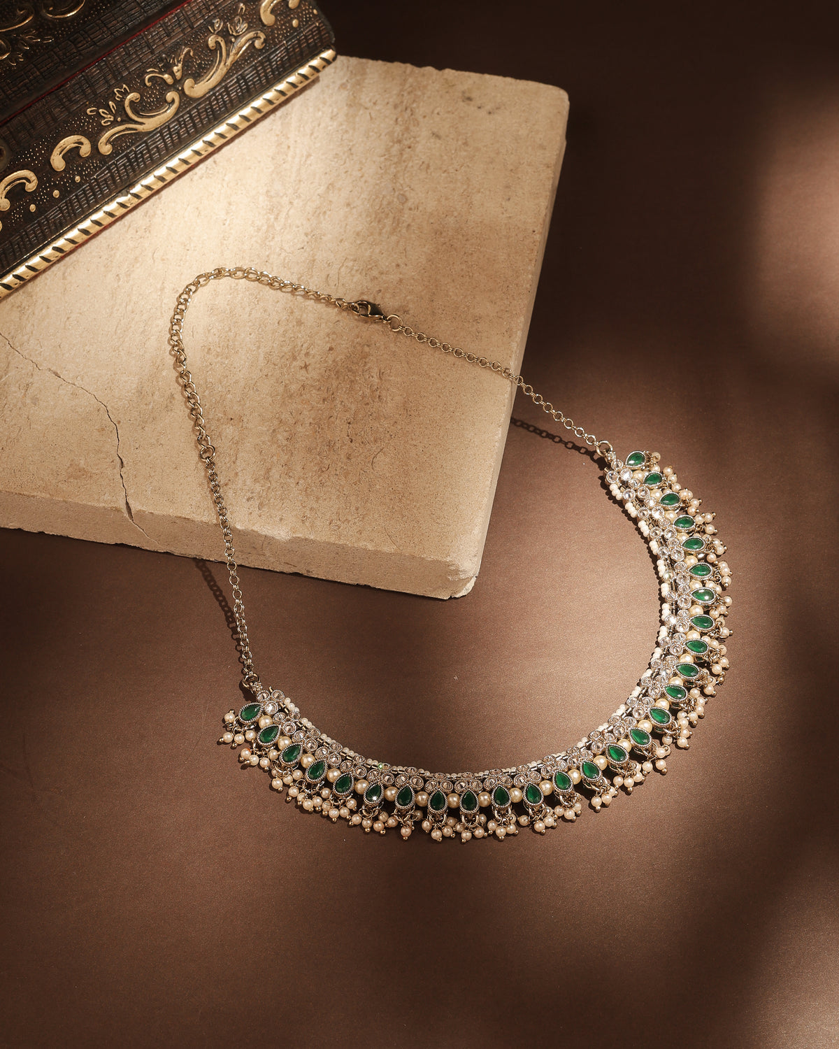Pear Shape Pearl Guchha Antique Gold Plated Green Uncut Kundan - side view | Saloni Fashion Jewellery, Mumbai