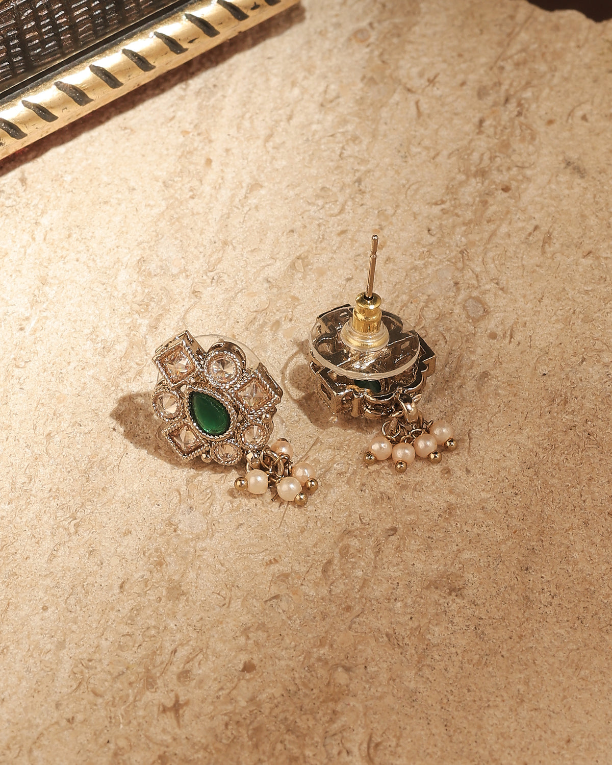 Pear Shape Pearl Guchha Antique Gold Plated Green Uncut Kundan - back view | Saloni Fashion Jewellery, Mumbai