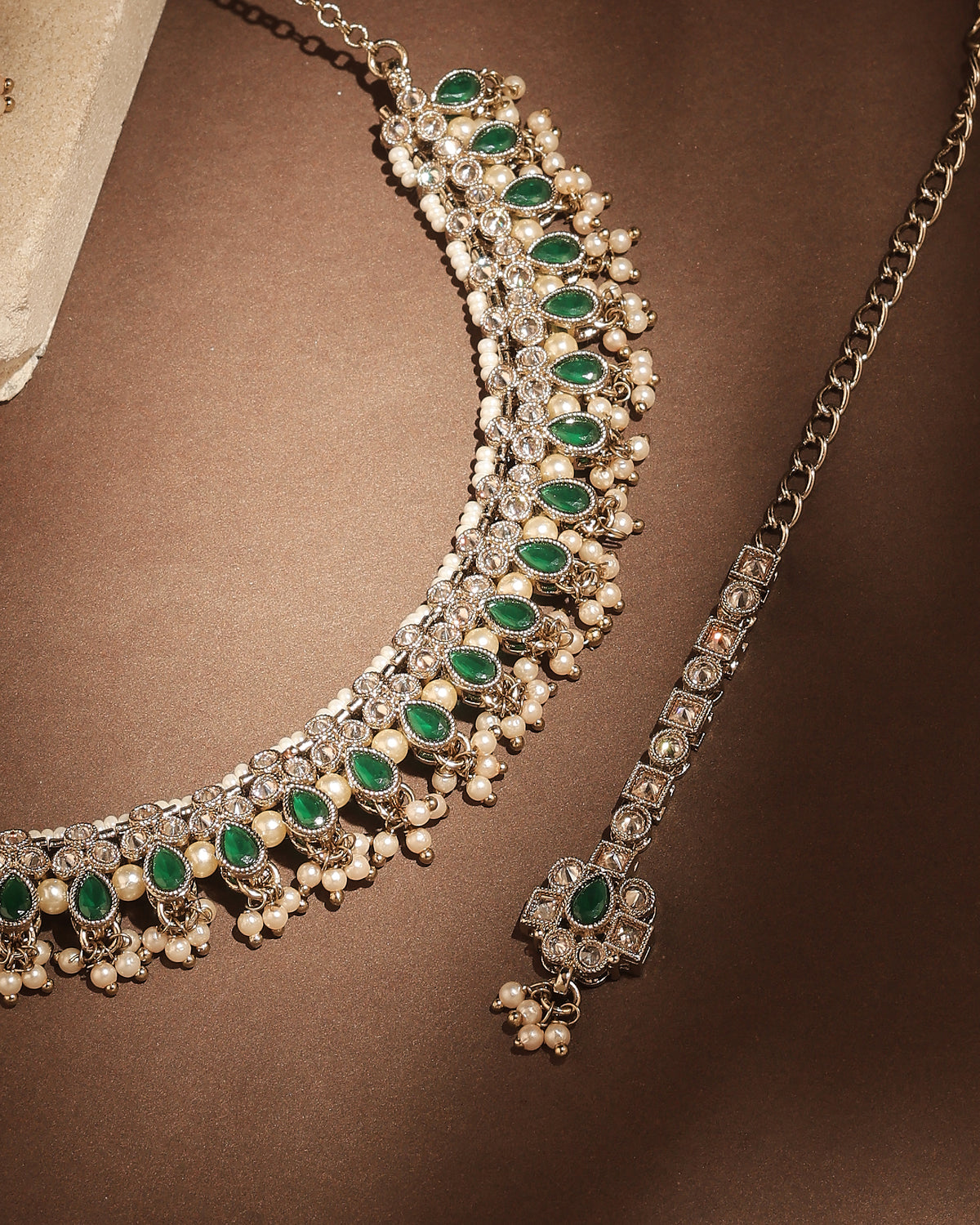 Pear Shape Pearl Guchha Antique Gold Plated Green Uncut Kundan - styled view | Saloni Fashion Jewellery, Mumbai