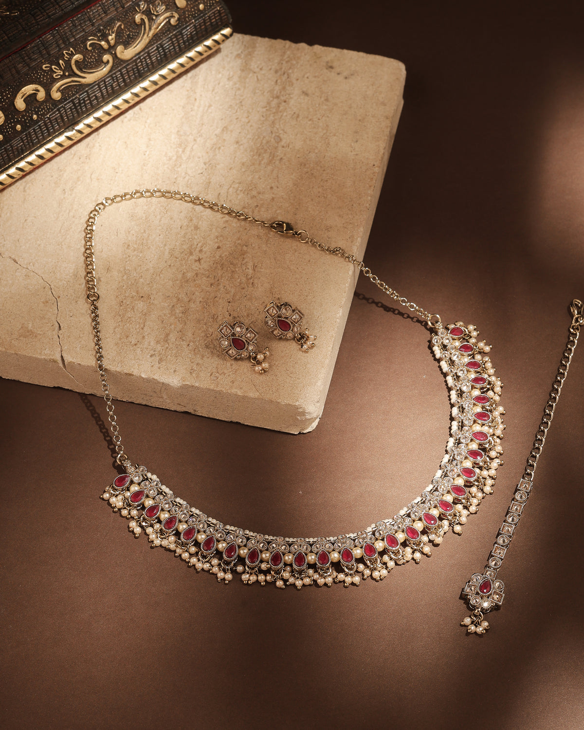 Pear Shape Pearl Guchha Antique Gold Plated Red Uncut Kundan - close-up detail | Saloni Fashion Jewellery, Mumbai