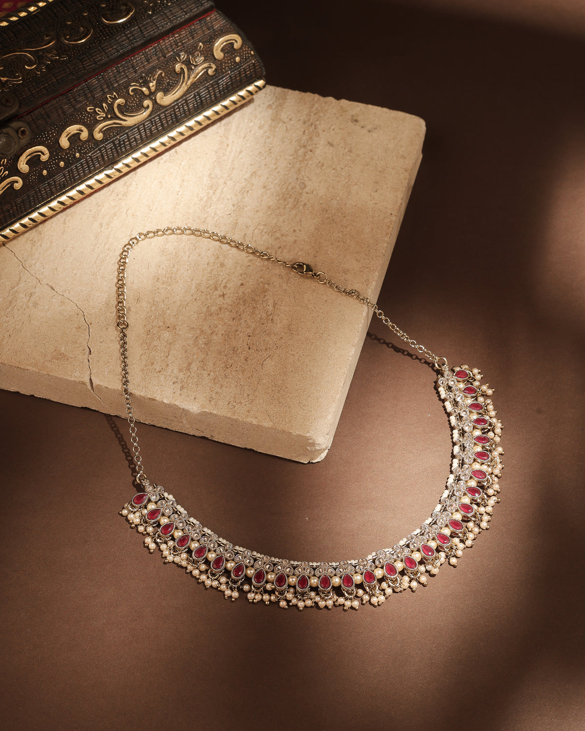 Pear Shape Pearl Guchha Antique Gold Plated Red Uncut Kundan Stone - side view | Saloni Fashion Jewellery, Mumbai