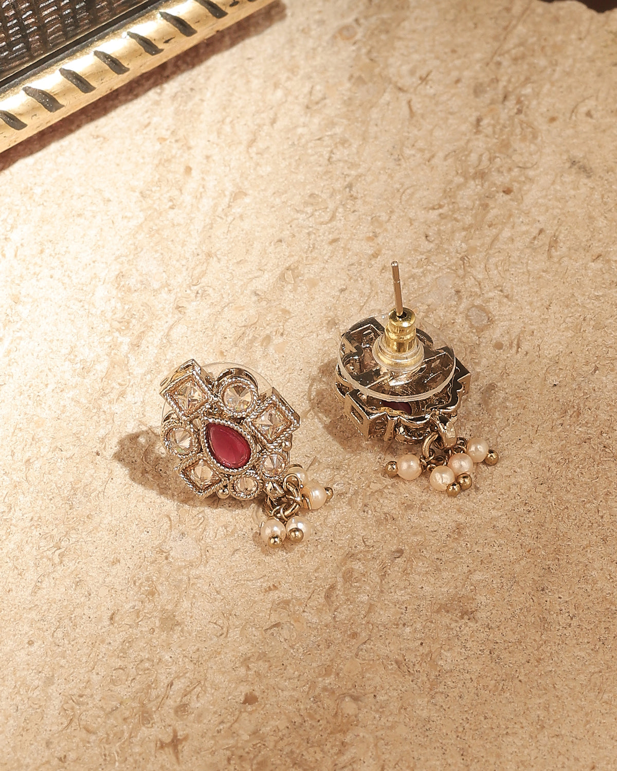 Pear Shape Pearl Guchha Antique Gold Plated Red Uncut Kundan Stone - back view | Saloni Fashion Jewellery, Mumbai