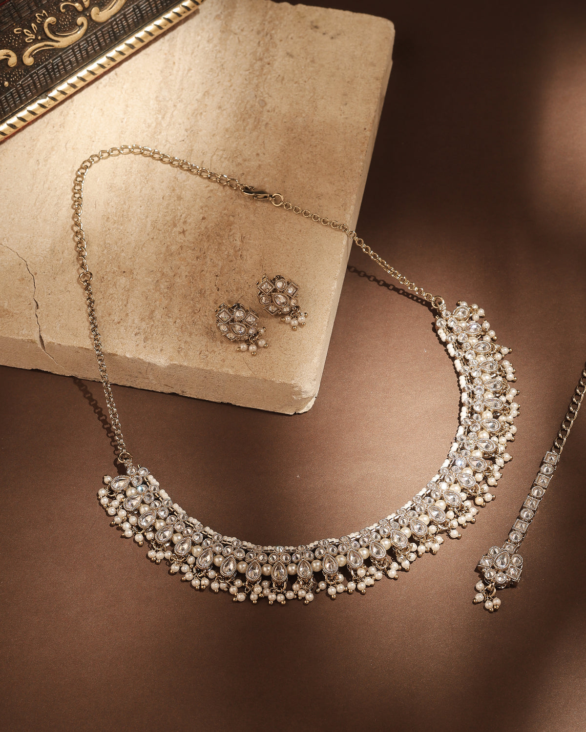 Pear Shape Pearl Guchha Antique Gold Plated White Uncut Kundan - close-up detail | Saloni Fashion Jewellery, Mumbai