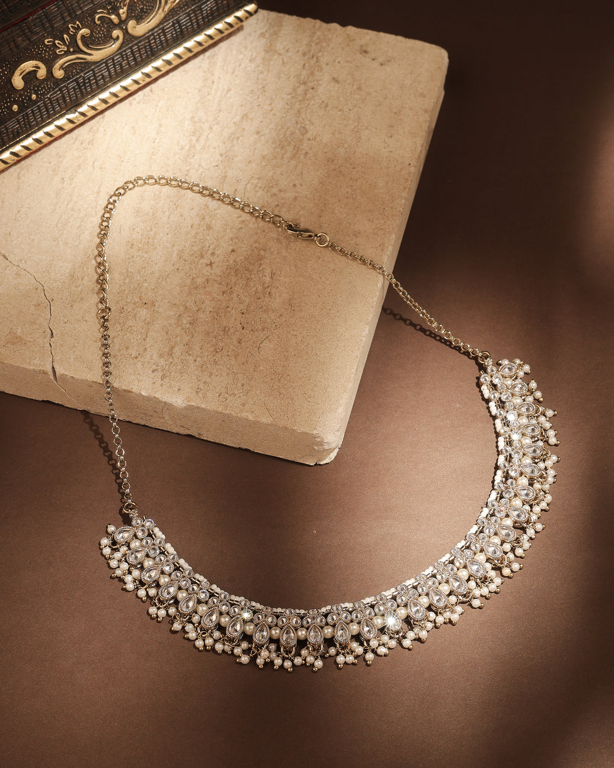 Pear Shape Pearl Guchha Antique Gold Plated White Uncut Kundan Stone - side view | Saloni Fashion Jewellery, Mumbai