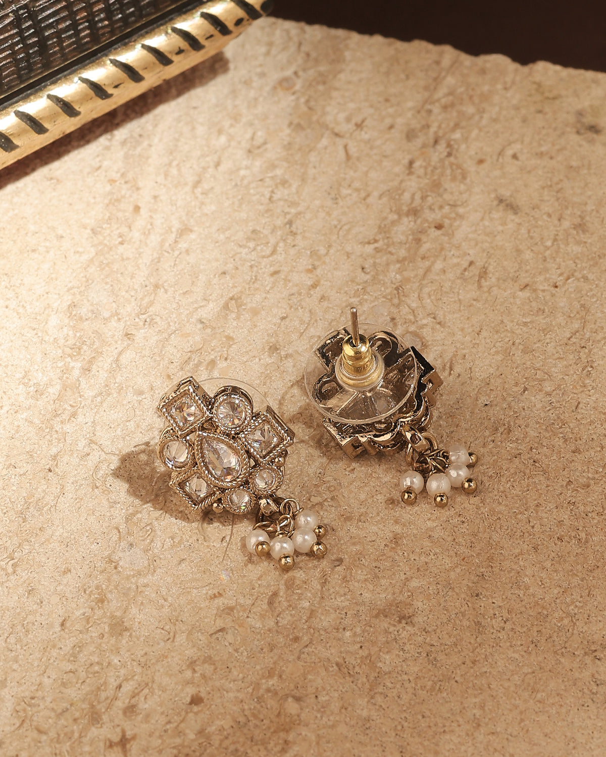 Pear Shape Pearl Guchha Antique Gold Plated White Uncut Kundan Stone - back view | Saloni Fashion Jewellery, Mumbai