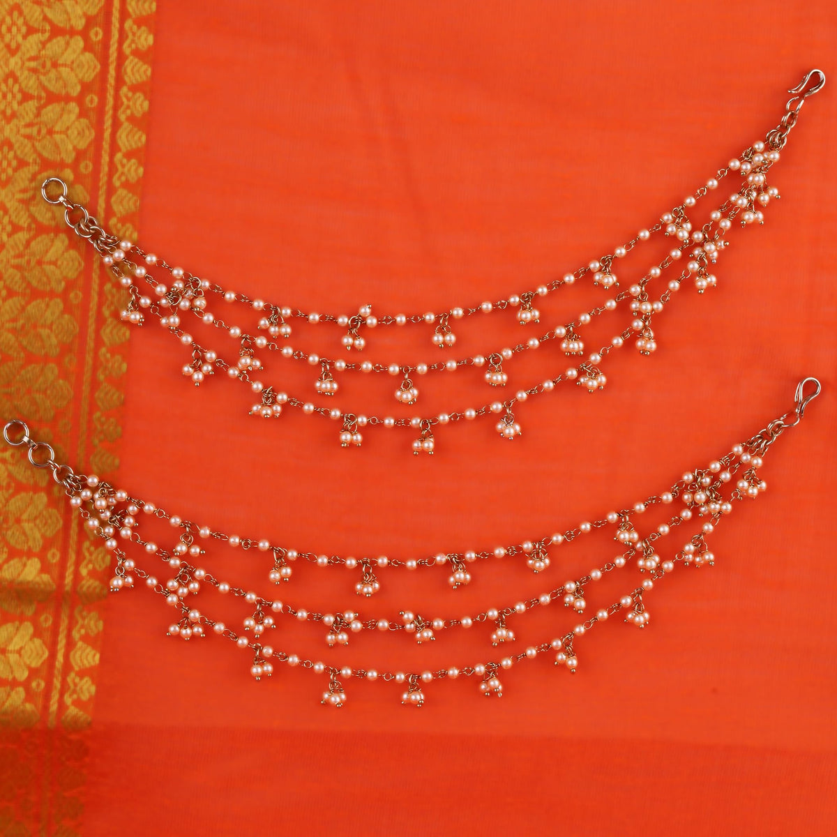Saloni Fashion Jewellery Pearl 3 String Gold Plated Combo Set of 2 Ear-Chain (Kaan Chain) For Women
